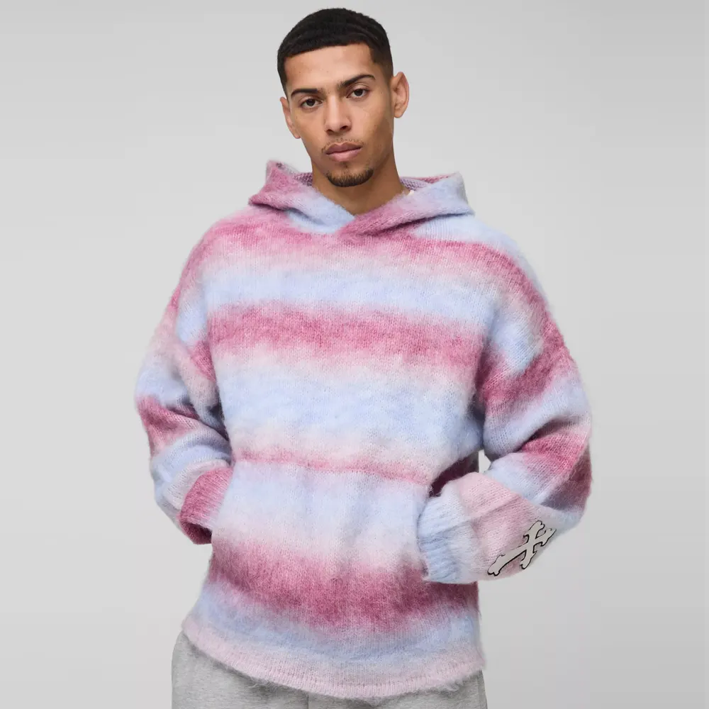 Boxy Fit Ombre Stripe Brushed Knit Cross Hoodie